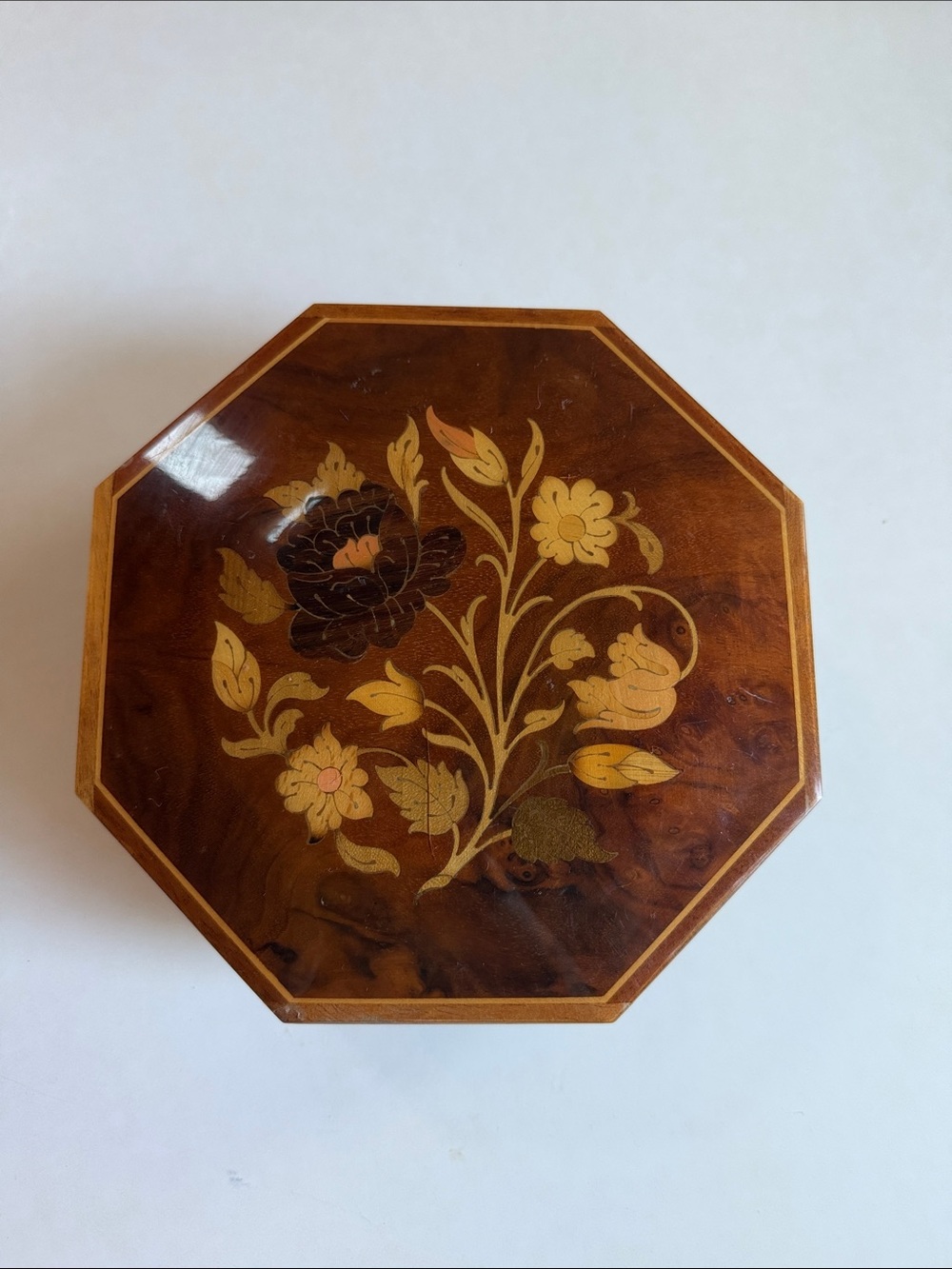 Vintage Brown Octagonal Floral Inlay Jewelry Box